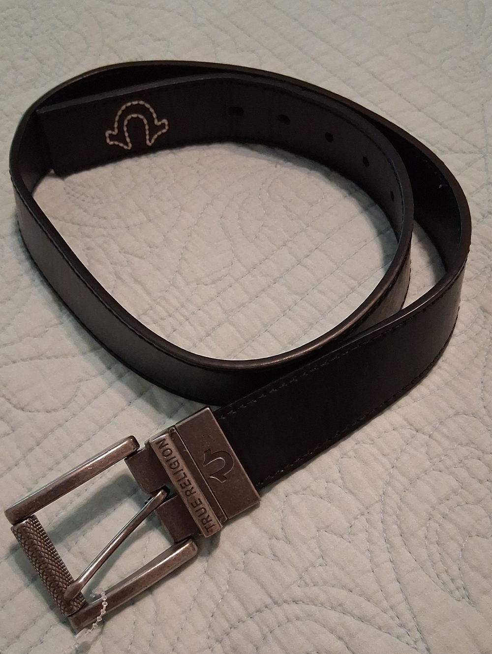 True Religion Reversible Black Or Brown  Leather Belt W/ Brucshed Silver Tone Bu
